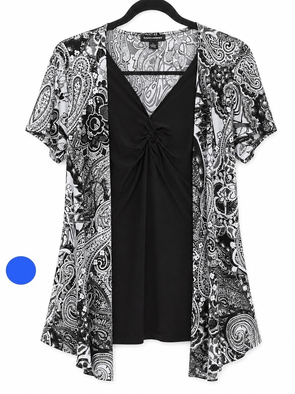 Susan Lawrence Black White Paisley Faux Layered Twist Front Blouse Size Small